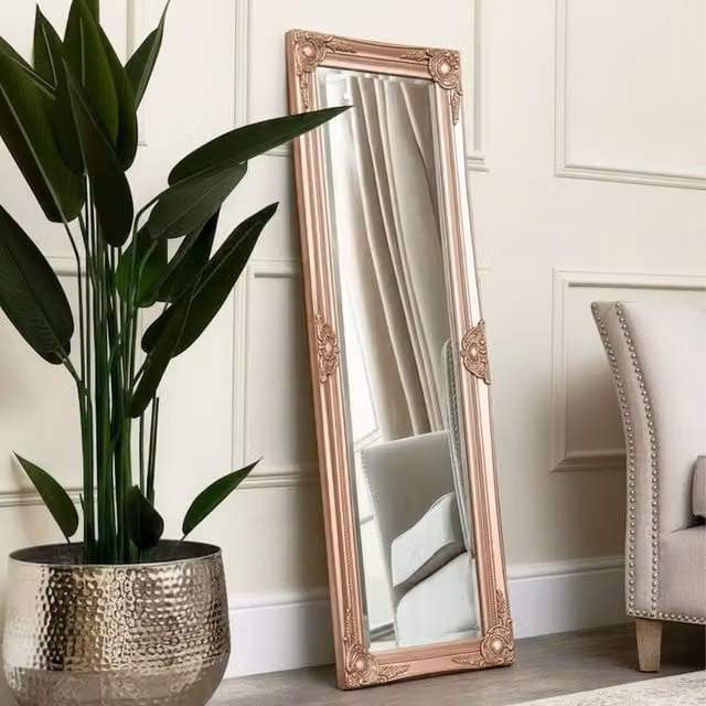 Melody Maison Tall Ornate Shabby Chic Wall Mirror in Rose Gold and Pink, W: 47 cm, H: 142 cm