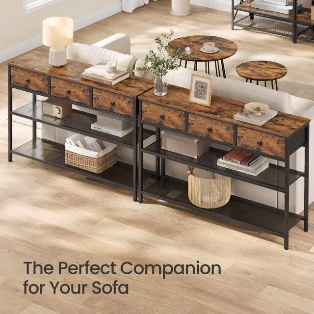 SONGMICS Modern Console Table with 3 Drawers and Mesh Shelves, Brown, W: 98.8 cm, D: 30 cm, H: 78.7 cm