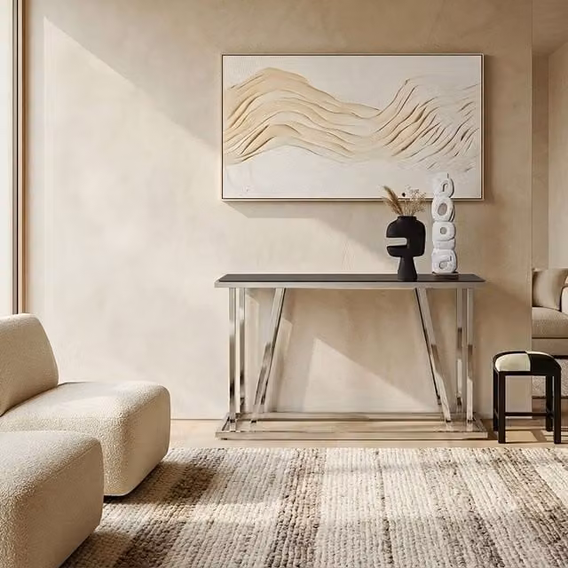 Orsina Modern Console Table with Black Glass Top and Silver Frame, W/D/H: 130 x 40 x 75 cm – 1