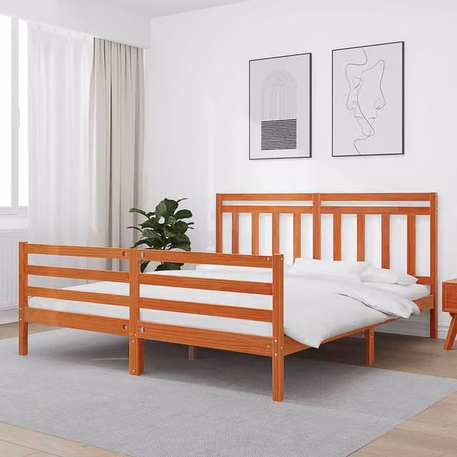 Berkfield Home Solid Pine Bed Frame with Headboard in Waxed Brown, 180 x 200 cm