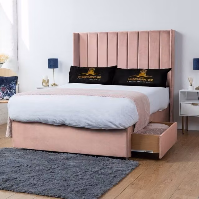 UK Bed Furniture Bella Wingback Divan Bed with 2 Drawers and 54 Inch Headboard in Pink, Double Size, W/D/H: 140 x 200 x 137.16 cm