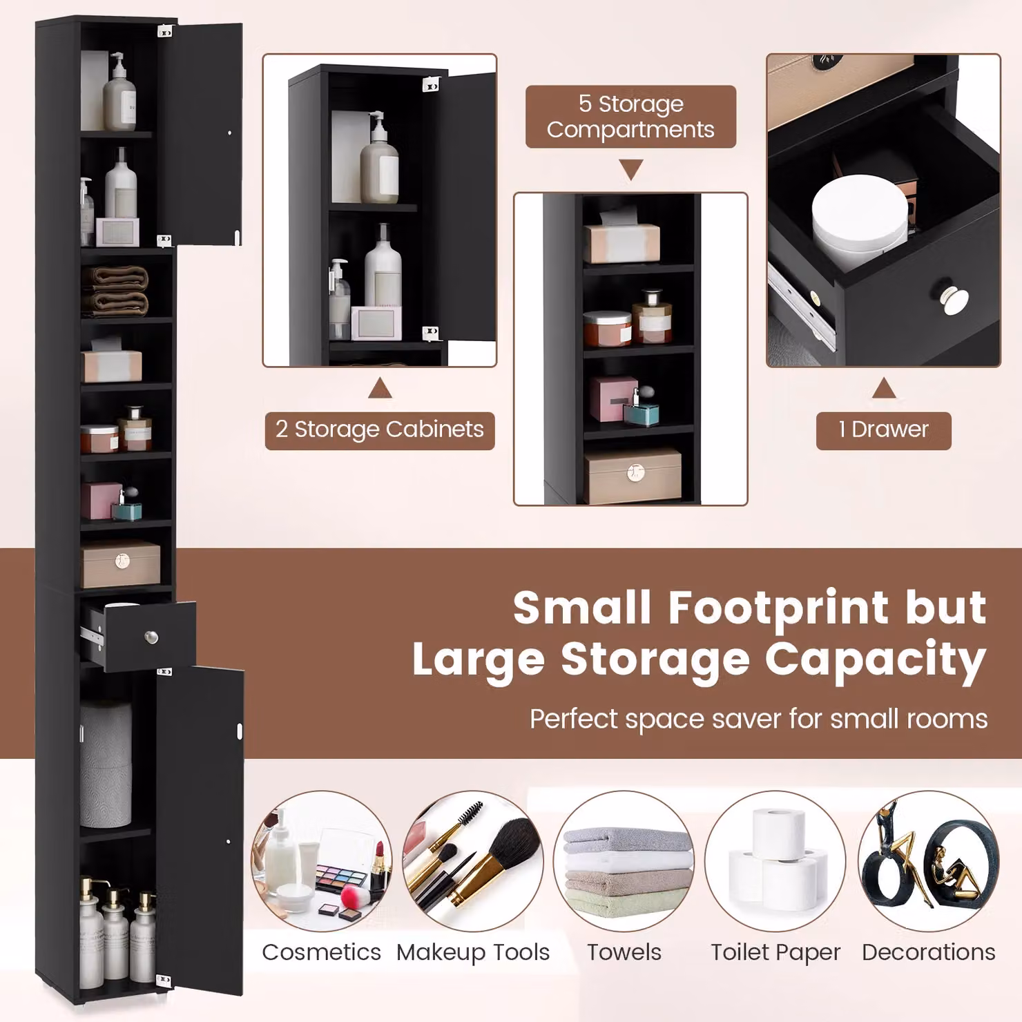 Gymax Slim Black Matt Bathroom Tall Cabinet with 2 Hinged Doors and Adjustable Internal Shelves – 8