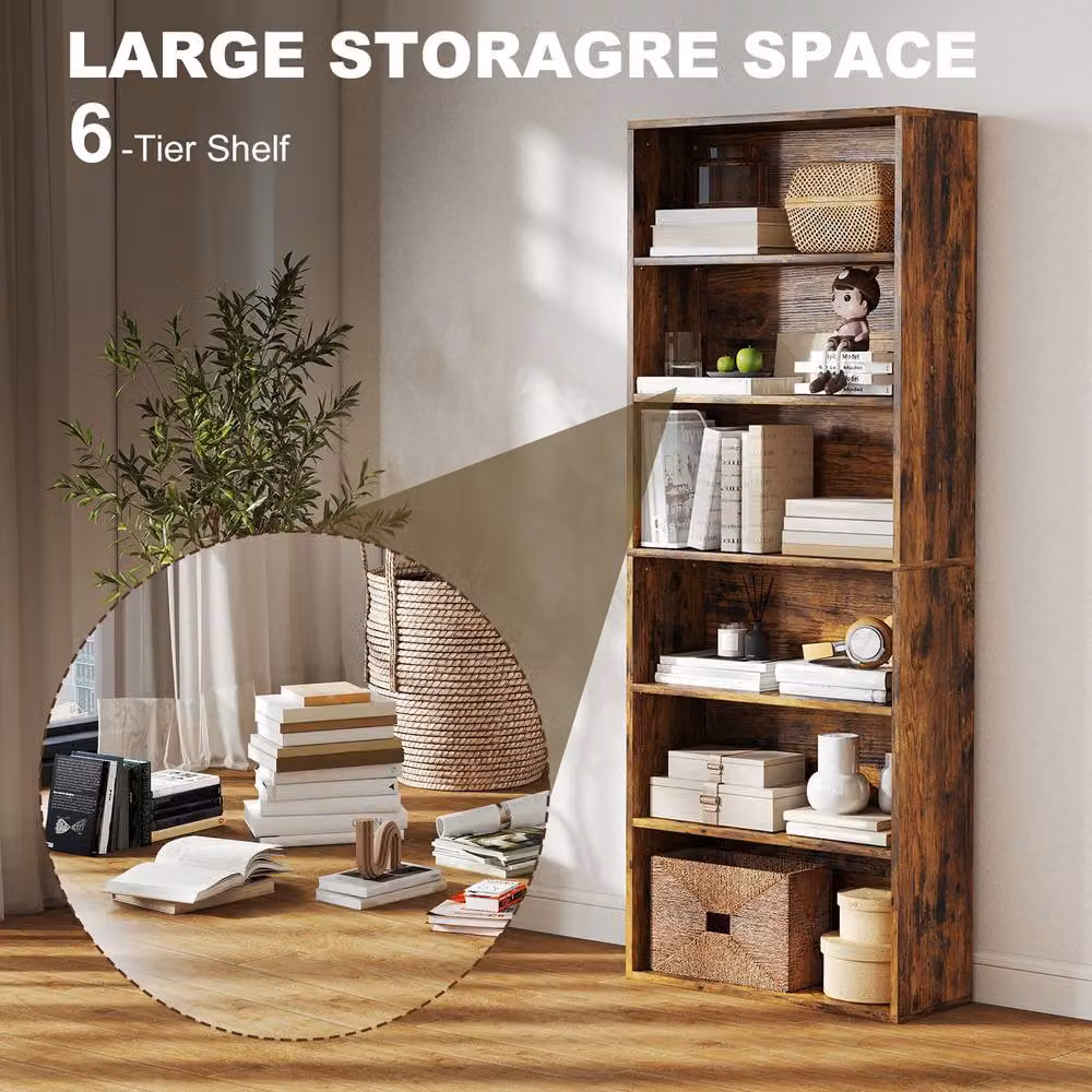 HOMCOM 6 Tier Freestanding Bookshelf with Adjustable Shelves in Brown – 4