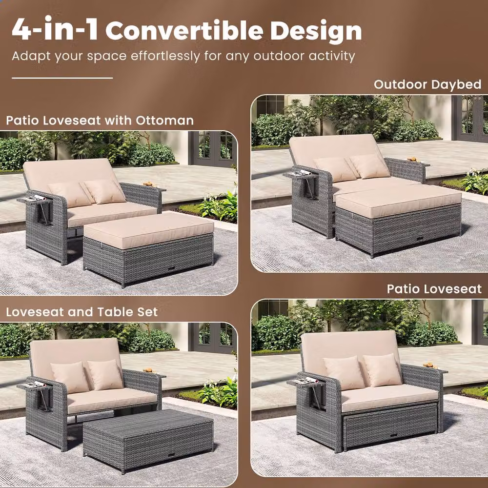 Costway 2-Piece Grey PE Wicker and Metal Patio Rattan Daybed Set with Adjustable Backrest – 7