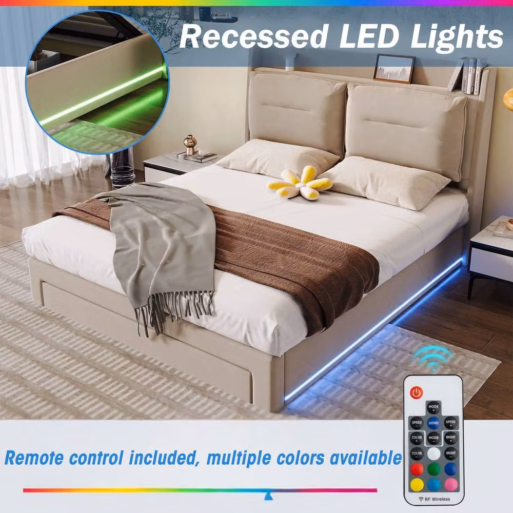 BTM Beige Velvet Double Hydraulic Bed with Under-Bed LED Lighting and Storage W/D/H: 140 x 190 cm – 2