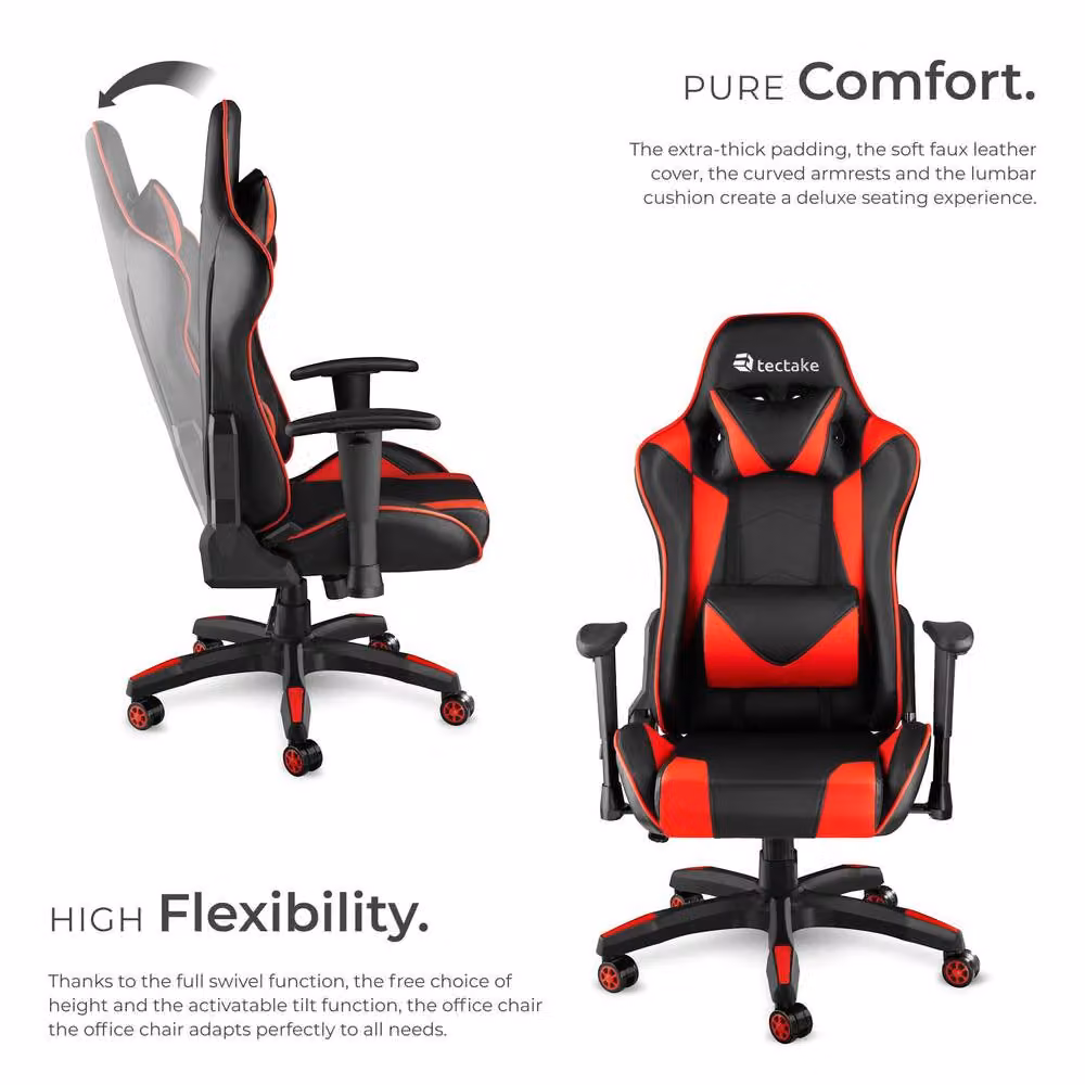 tectake Stealth Gaming Chair in Red and Black with Synthetic Leather and Headrest – 3