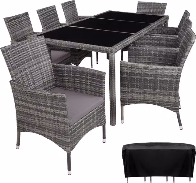 tectake Modern Rattan Garden Furniture Set with Glass Table and Protective Cover in Grey