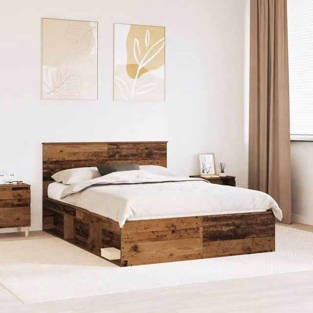 Berkfield Home Bed Frame with Headboard in Brown Old Wood, W: 135 cm, L: 190 cm – 1