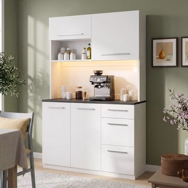 Merax Modern Tall Kitchen Storage Cabinet in White with Integrated Lighting and Glass Doors, W/D/H: 40 x 40 x 180 cm