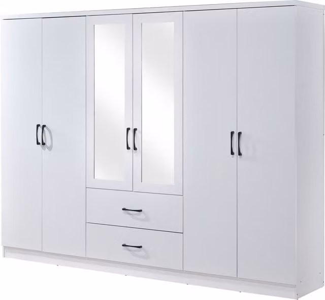 Swish Furniture Paddington 6 Door 2 Drawer Mirrored Wardrobe in White with Black Handles