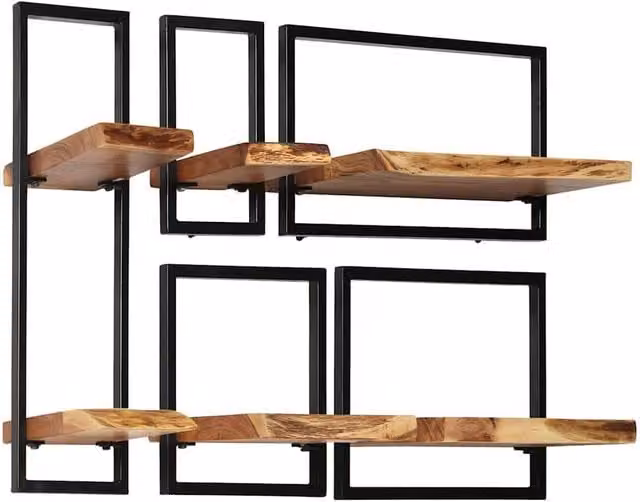 Berkfield Home 5 Piece Set of Industrial Wall Mounted Shelves in Brown Solid Acacia Wood and Steel