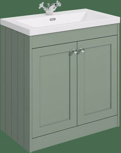 Balterley 800mm Floor Standing 2 Door Bathroom Unit with Basin and 1 Tap Hole, Satin Green