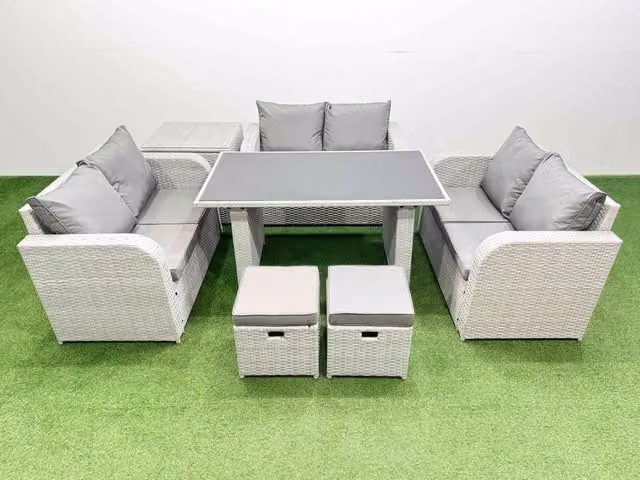 Fimous 8 Seater Rattan Garden Furniture Set with Side Table and 2 Stools in Light Grey