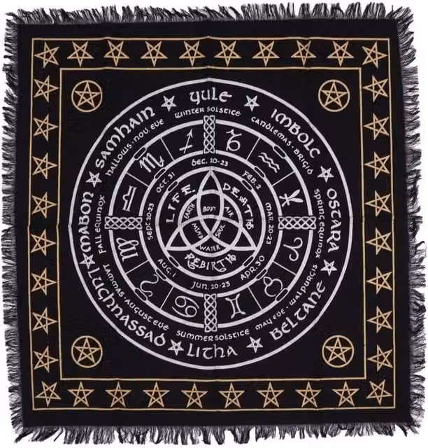 KDMD Esoteric Fringed Altar Cloth with Life Death Rebirth Design in Black – 1