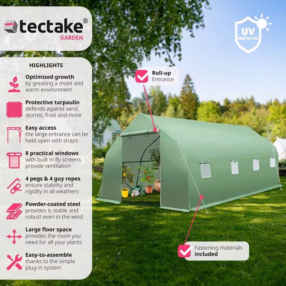 tectake Green Polytunnel Greenhouse with 8 Windows, W/D/H: 600 x 300 x 205 cm – 2