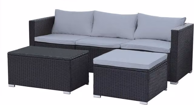 Knightsbridge 4 Seater Black Rattan Sofa Set with Glass Table