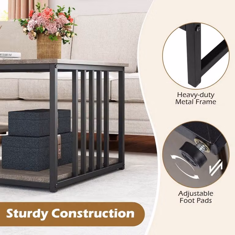 VOGREX Modern Grey Faux Marble 2-Tier Coffee Table with Metal Shelf