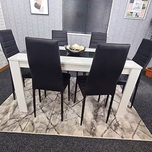 KOSY KOALA Modern Kitchen Dining Set with Rectangular White Glossy Table and 6 Black Chairs, W/D/H: 140 x 80 x 75 cm – 6