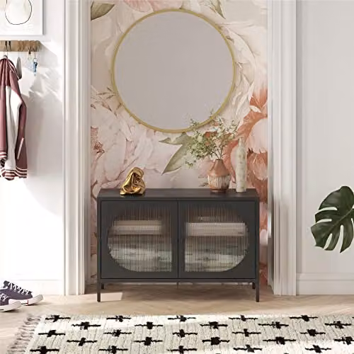 Dorel Home Furnishing Luna Wide Metal Cabinet with 2 Glass Doors, Black, W: 100 cm, D: 40 cm, H: 64 cm