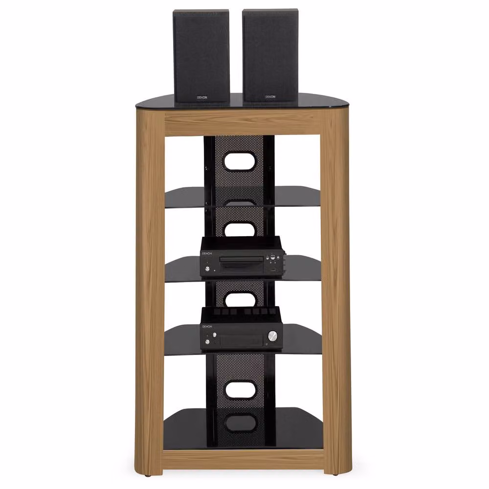Centurion Supports Zinnia 5-Shelf Gloss Black and Mountain Oak Real Wood Veneer AV Rack Glass Multimedia Stand W/D/H: 102 x 49 x 68 cm – 2