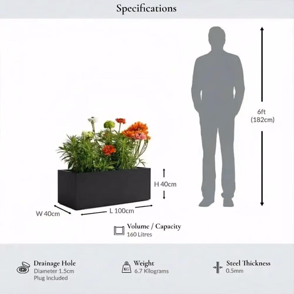 Tulipy Galvanised Steel Trough Planter, Black, L100 x W40 x H40 cm – 6