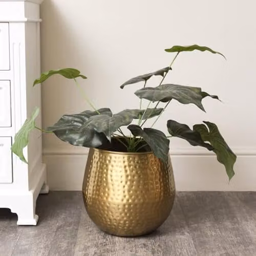 Melody Maison Gold Hammered Metal Round Tabletop Planter, Diameter: 30 cm, Height: 28 cm