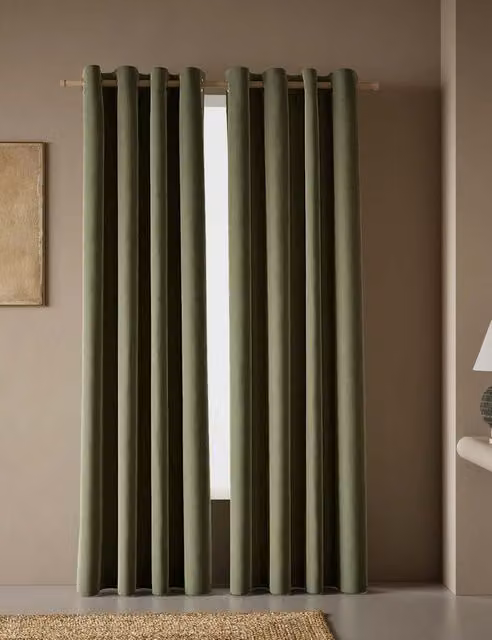 M&S Khaki Velvet Eyelet Curtains, Thermal Insulating and Opaque