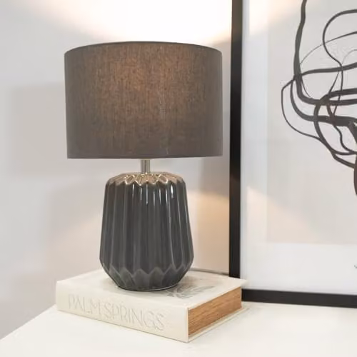 ValueLights Grey Ceramic Table Lamp with Fabric Shade and LED Bulb – 3