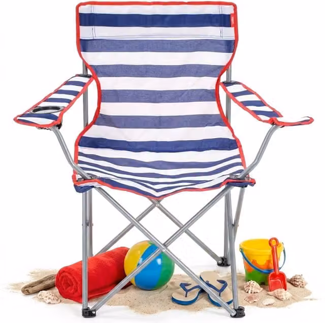 Storm Trading Group Set of 2 Red and Blue Striped Maritime Folding Chairs with Armrests and Cup Holders