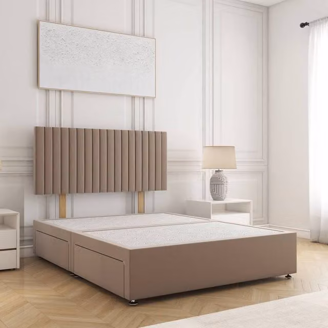 BSSPOKE Brooke Plush Velvet Divan Bed with 24 inch Headboard and 4 Drawers, Beige, W/D/H: 180 x 200 cm