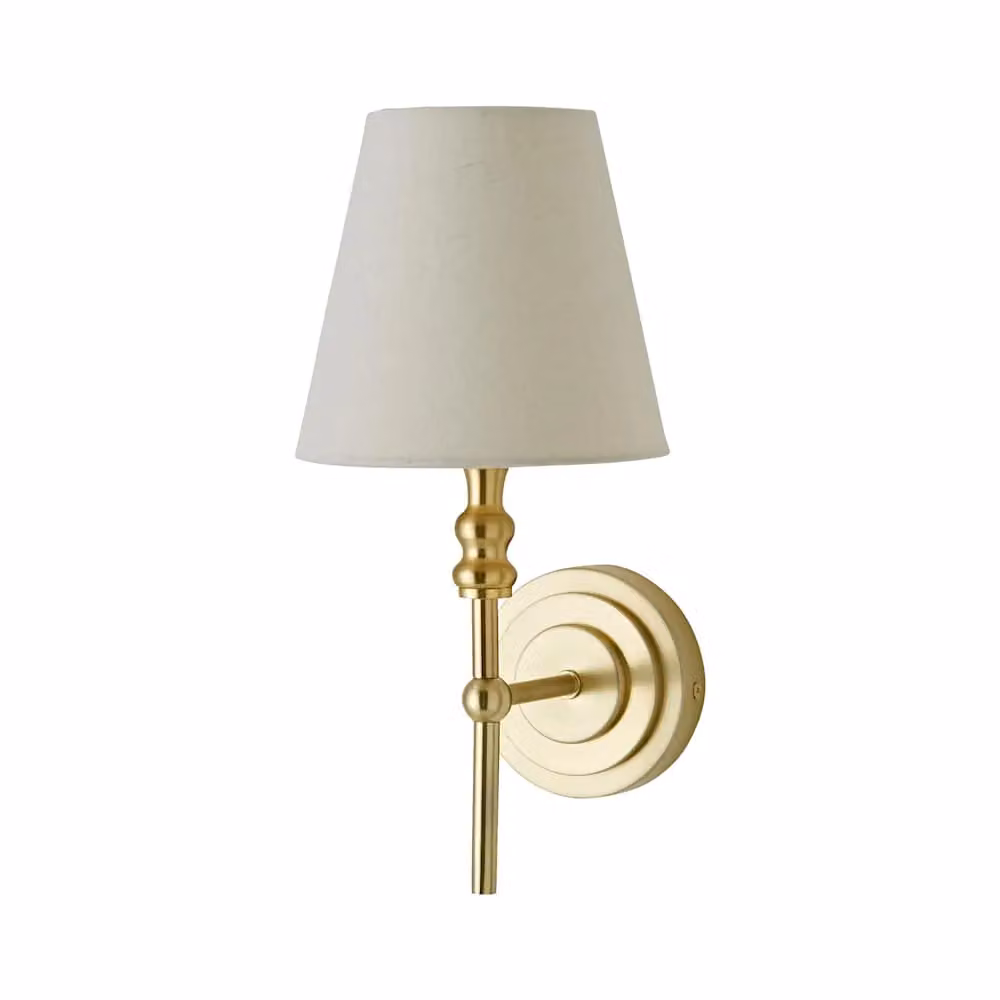 ValueLights Maggie Candlestick Wall Light with Linen Tapered Shade and Bulb in Gold/Brass – 2