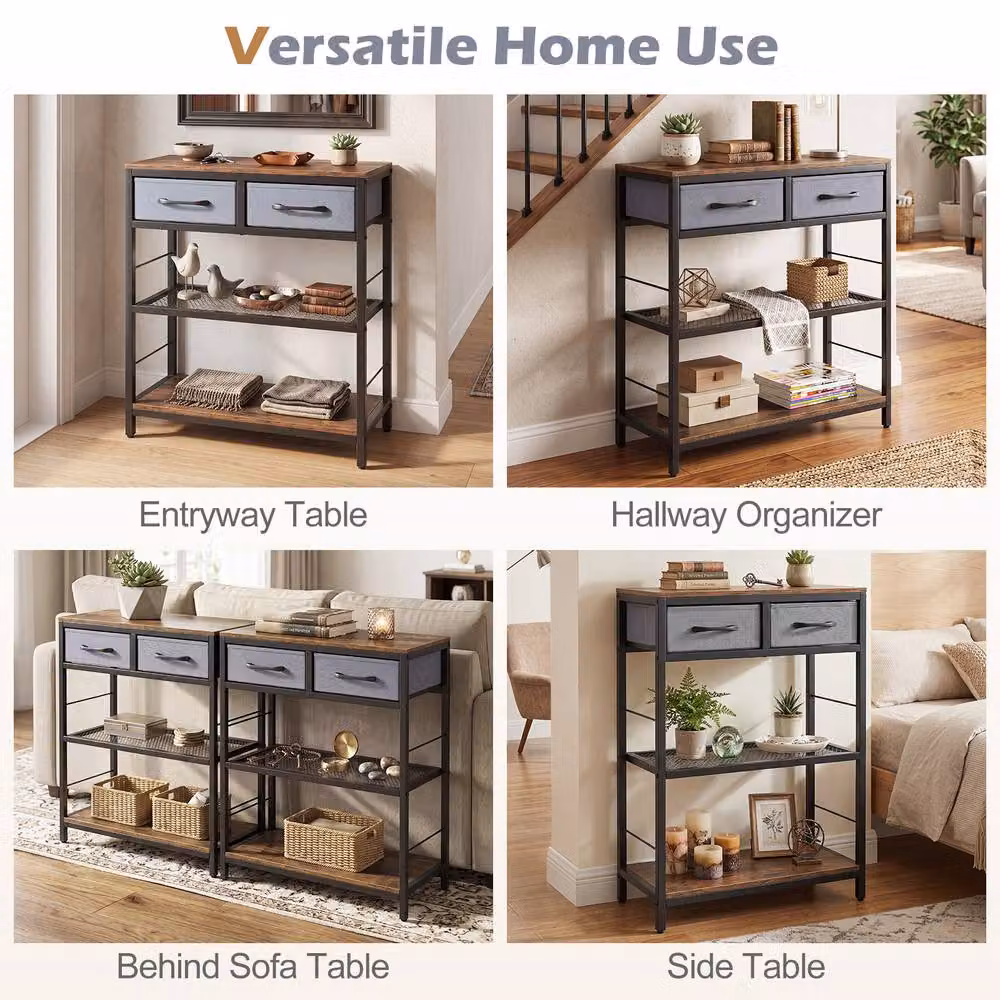 Gymax Narrow Rustic Brown Wood Console Table with 2 Fabric Drawers – 9