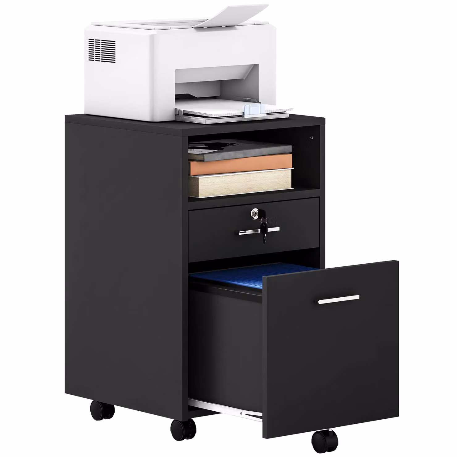 VINSETTO Lockable Mobile Metal File Cabinet with Castors in Black – 2