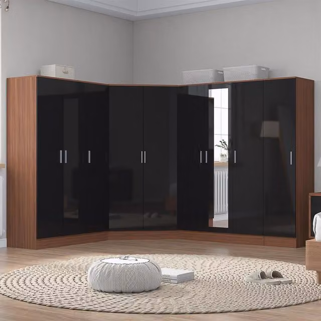 Reflect 4pc Wardrobe Bundle in Black Gloss and Walnut, featuring a Corner Wardrobe, 3-Door Mirrored Wardrobe, 3-Door Plain Wardrobe and 1-Door Plain Wardrobe, H 180 cm x W 179 cm x D 103 cm