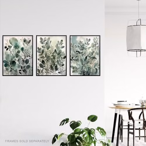 Artery8 Set of 3 Sage Green Botanical Eucalyptus Leaves Watercolour Boho Wall Art Paper Poster Prints, W: 21.0 cm, H: 29.7 cm – 3