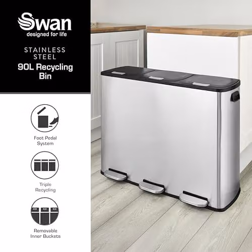 Swan 90L Stainless Steel Recycling Pedal Bin in Silver with Soft Close and Fingerprint Proof Finish – 2