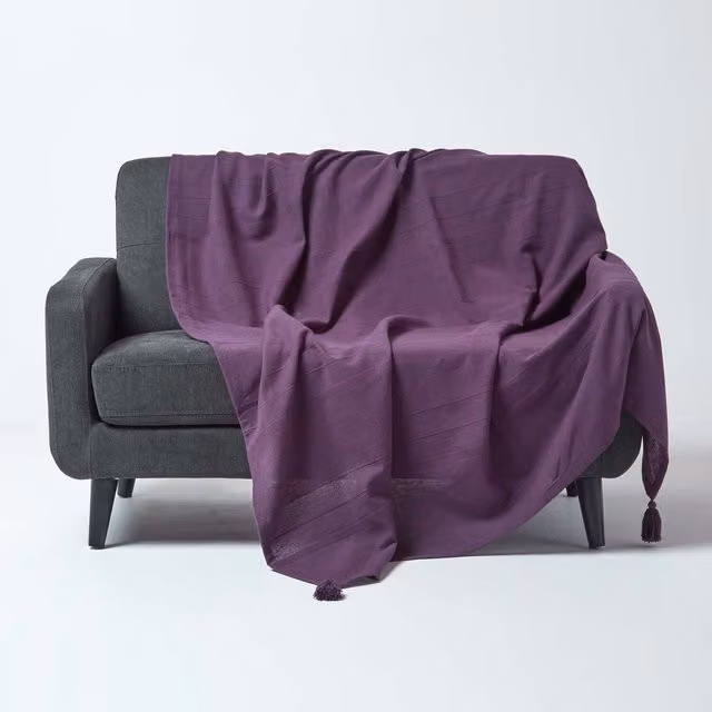 Homescapes Purple Cotton Rajput Ribbed Woven Throw