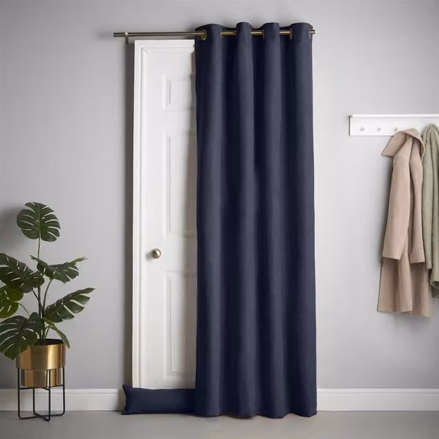 Livinluxury Navy Blue Velvet Chenille Thermal Blackout Door Curtain with Sound Dampening and Fleece Lining