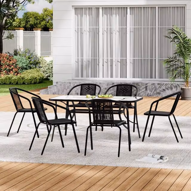 Livingandhome Outdoor Rectangle Bistro Set in Black with Glass Top Table and 6 Stacking Chairs, W: 150 cm