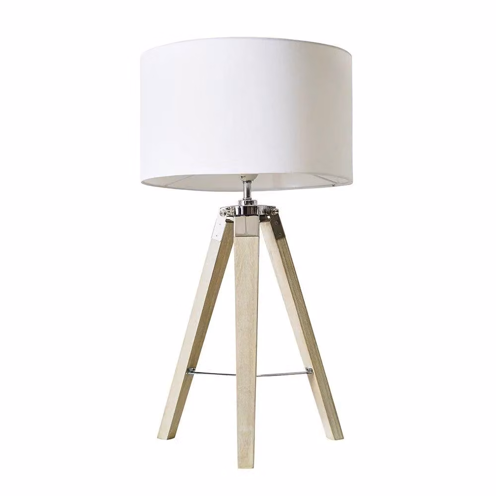 ValueLights Tripod Table Lamp in Brown Wood and Chrome with White Fabric Cylinder Shade – 2