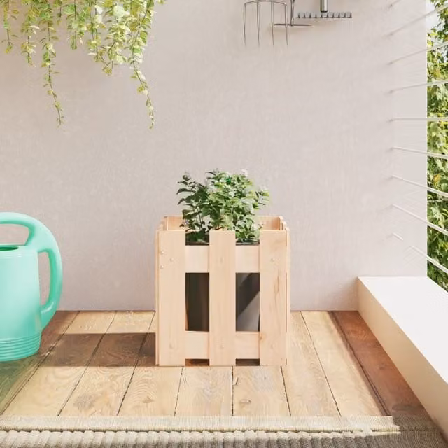 Berkfield Home Garden Planter with Fence Design in Brown and Beige, Solid Wood and Plastic, W/D/H: 30 x 30 x 30 cm