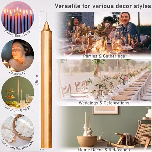 Deco Express Set of 15 Unscented Tapered Candles in Gold – 2