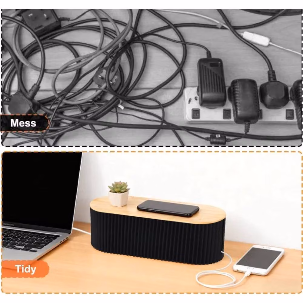 EONLION Black Large Cable Management Box with Bamboo Lid and Slatted Design, Width: 50 cm – 3