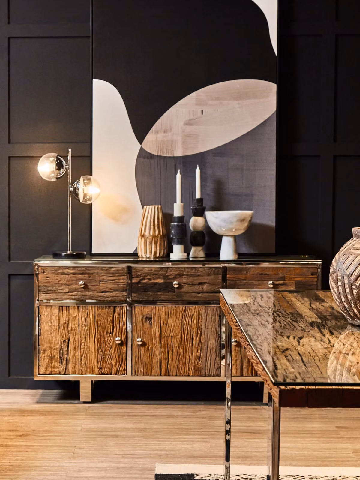 Orsina Matte Black 3-Door Modern Wooden Sideboard with Silver Accents – 1