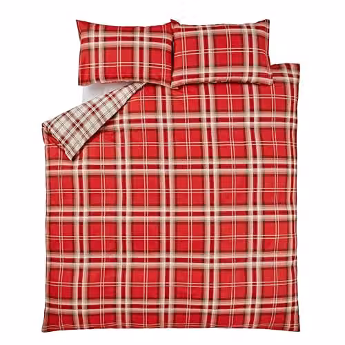 Catherine Lansfield Kelso Check Reversible Red Duvet Cover and Pillowcase Set, W/D/H: 200 x 200 cm and 50 x 75 cm – 3