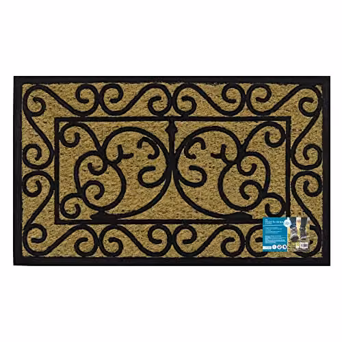 JVL Woven Coir Tuffscrape Doormat with Scroll Pattern in Beige, W: 45 cm, D: 75 cm – 1