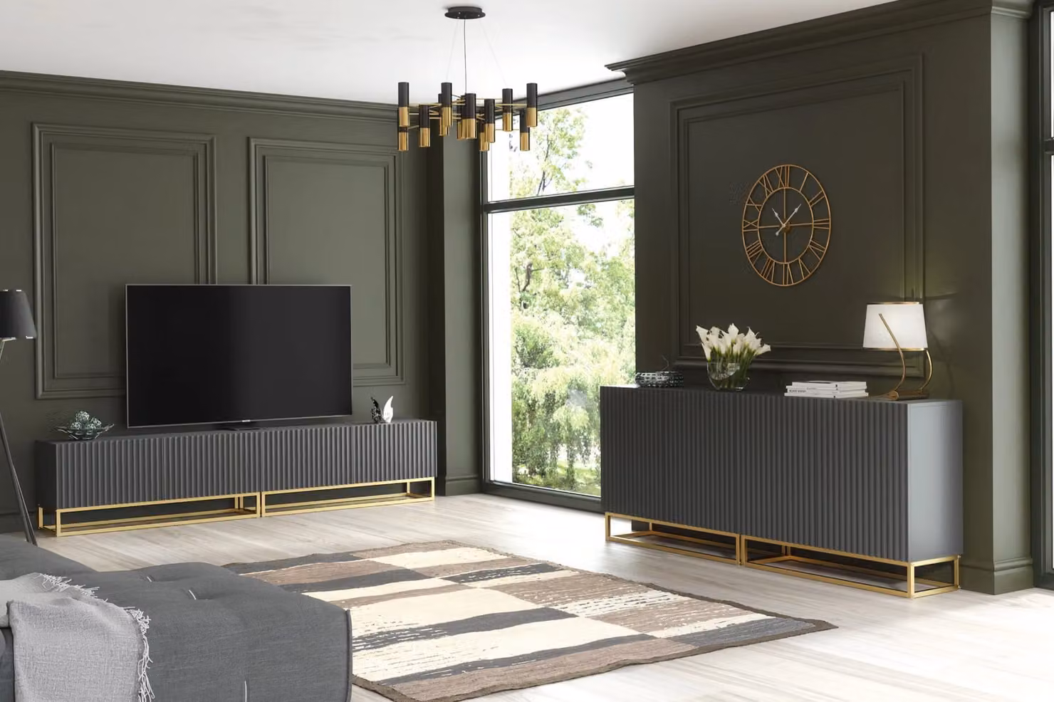 Creative Furniture Ripple Duo Sideboard in Dark Grey with Gold Details, Modern Fluted Design, W: 200 cm, H: 80 cm, D: 35 cm – 4