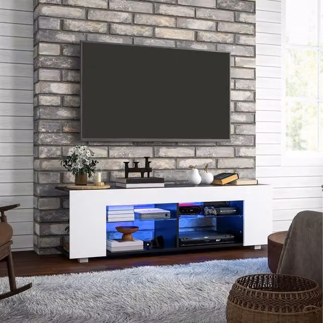 HOMCOM Modern White Glossy TV Unit with Glass Shelves, Width: 145 cm