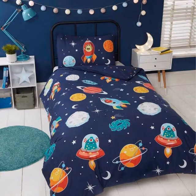 Rapport Home Space Aliens Polycotton Junior Duvet Set and Pillowcase in Multicolour Blue