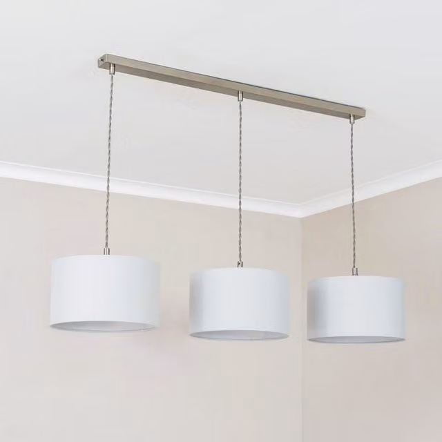 Reni 3 Drop Bar Ceiling Pendant Light in Brushed Chrome with Grey Fabric Shades